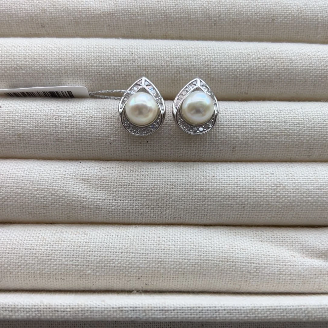 银S925镶嵌耳饰海水珍珠7-8mm海水Ak水滴耳钉