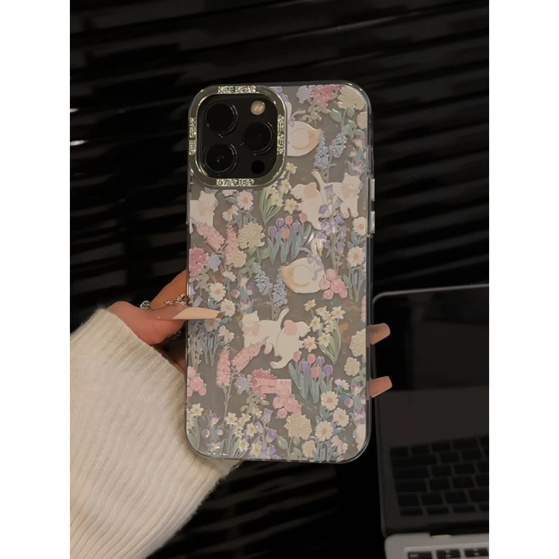适用苹果16pro手机壳iphone小众创意华为P60贝壳纹花丛猫咪白天鹅