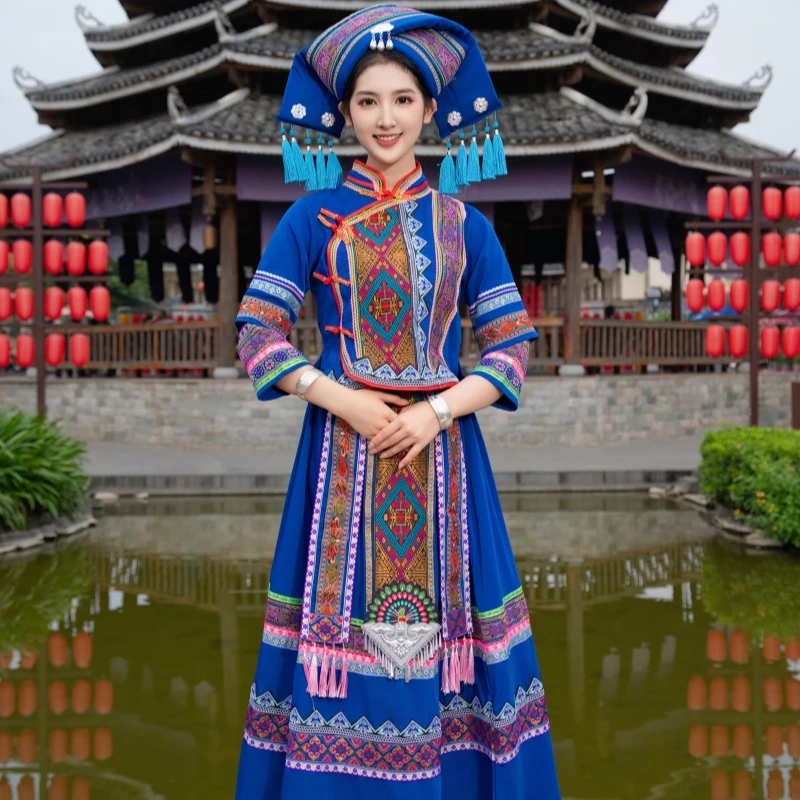 龙三月三新款民族风舞蹈服裙子套装壮族苗族瑶族民族服民族服装