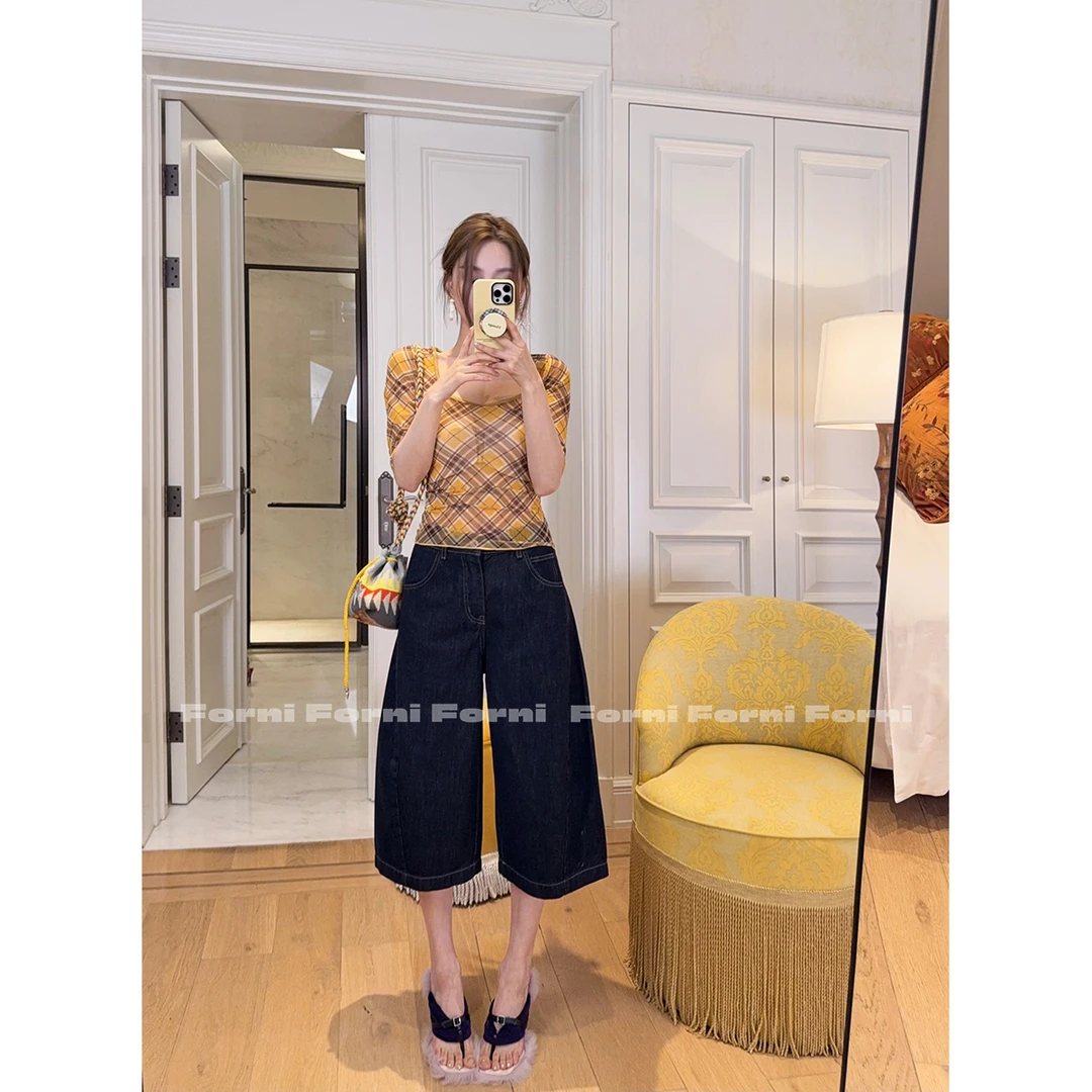 FORNI “DuangDuang”七分牛仔 美式蓝牛复古阔腿弯刀七分牛仔裤