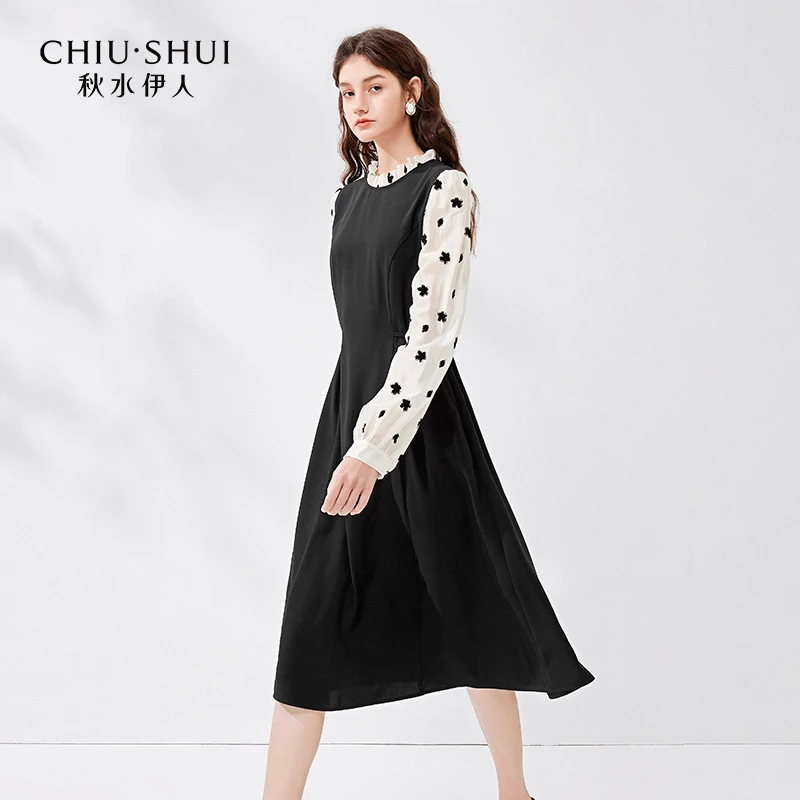 【许半夏专属】秋水伊人法式复古拼接长袖连衣裙2024年春季新款女黑