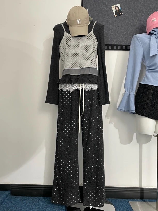 毛衣阔腿裤直筒裤厚款长袖黑色宽松波点小香风气质连体裤蕾丝