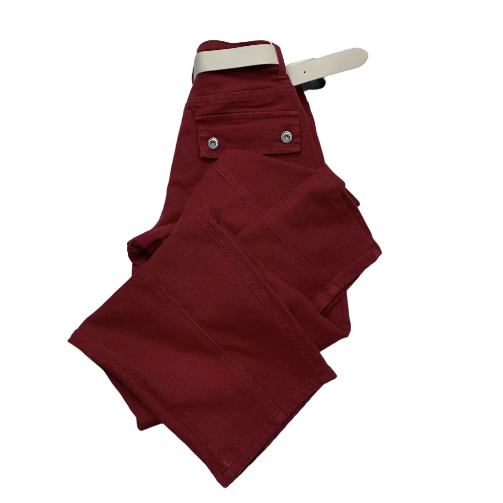 T85788579春款复古红窄版显瘦弯刀牛仔裤（带腰带样式随机）