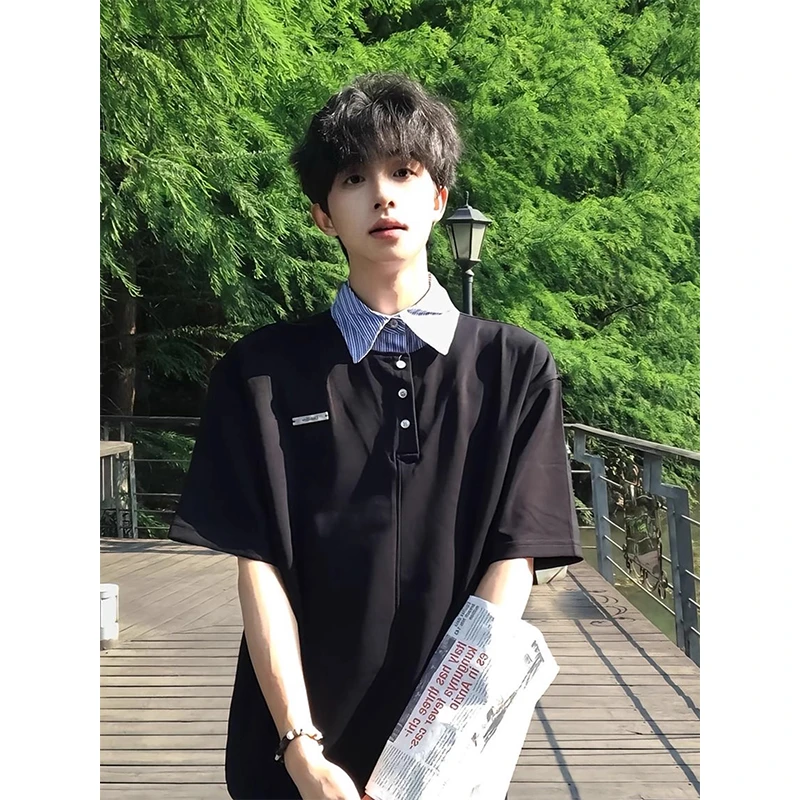 假两件撞色格子短袖Polo衫男款痞帅高级感t恤夏季学院风翻领半袖