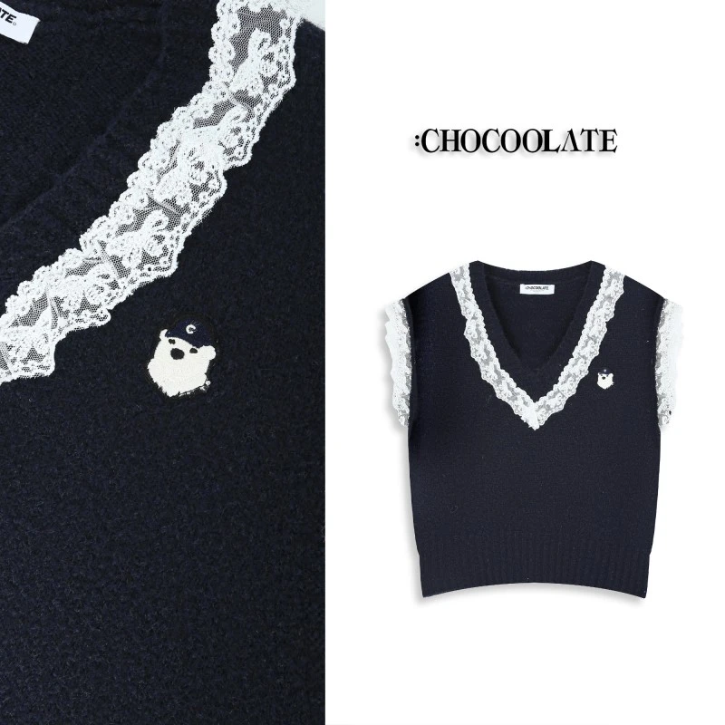 ：CHOCOOLATE蕾丝花边V领针织马甲CCLKNXKL02780