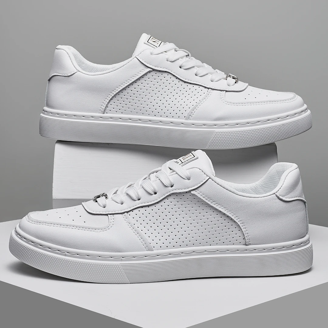 杰特公羊 男士夏季新款运动休闲板鞋百搭真皮低帮透气打孔小白鞋