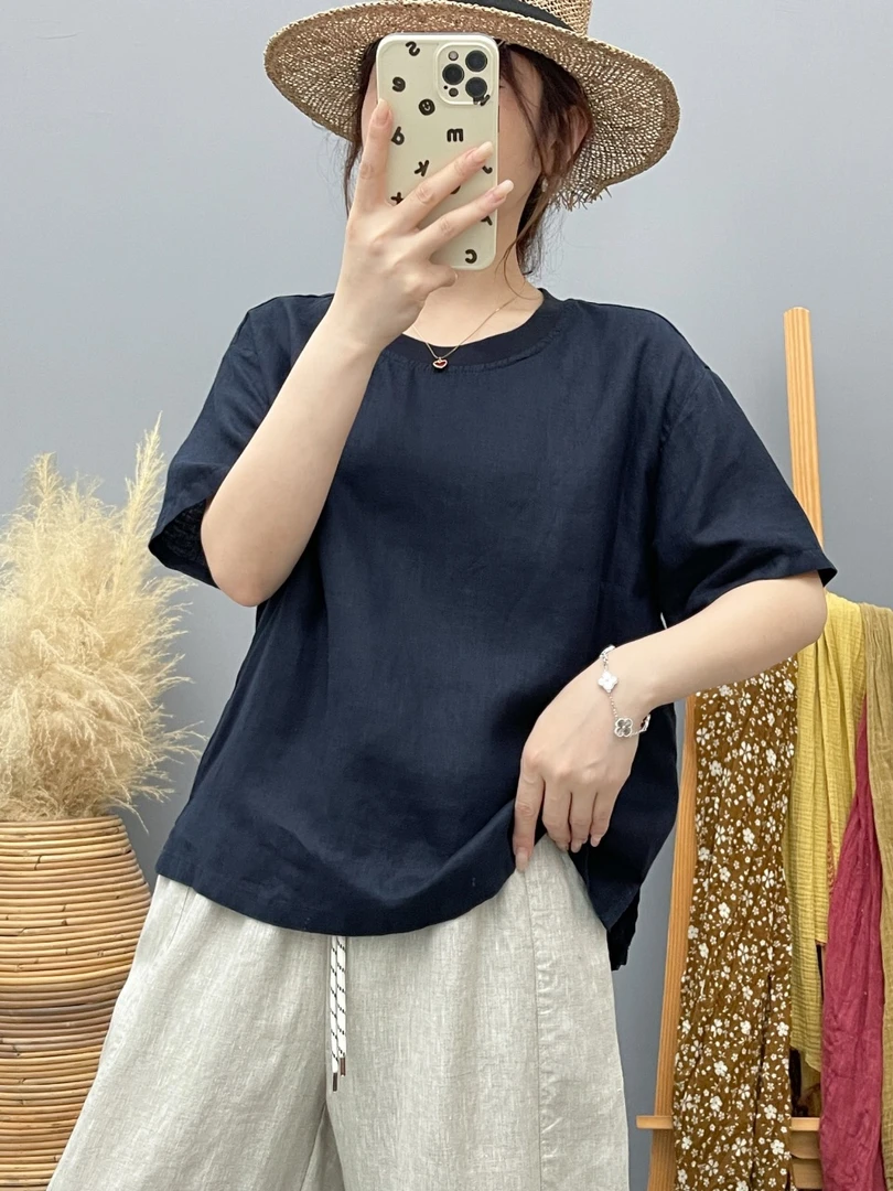 [100%汉麻/短袖]汉麻凉感抑菌纤维女王夏季园领纯欲慵懒风上衣T恤