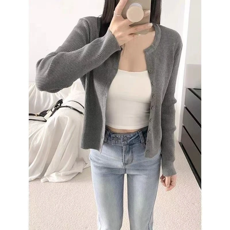 百搭爆款针织开衫外套女灰色新款设计感小众修身显瘦短款长袖上衣