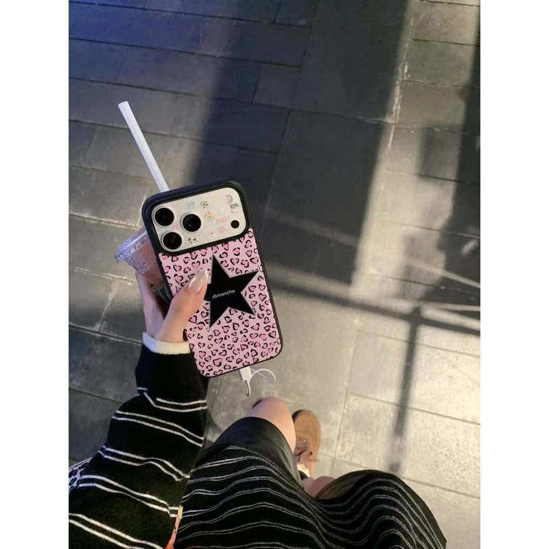 ins风粉豹纹黑星星适用苹果17Promax手机壳16磨砂15卡通14防指纹