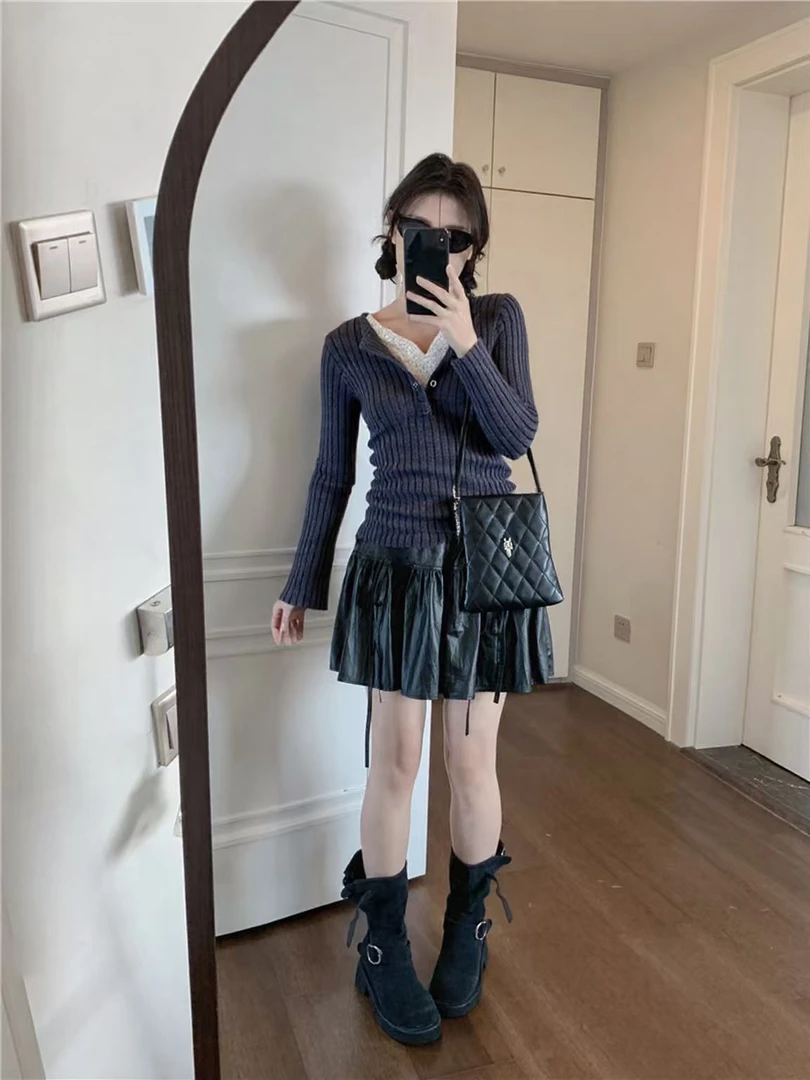 秋季蕾丝薄款时尚内搭套头款高腰短款皮裙秋冬套装针织