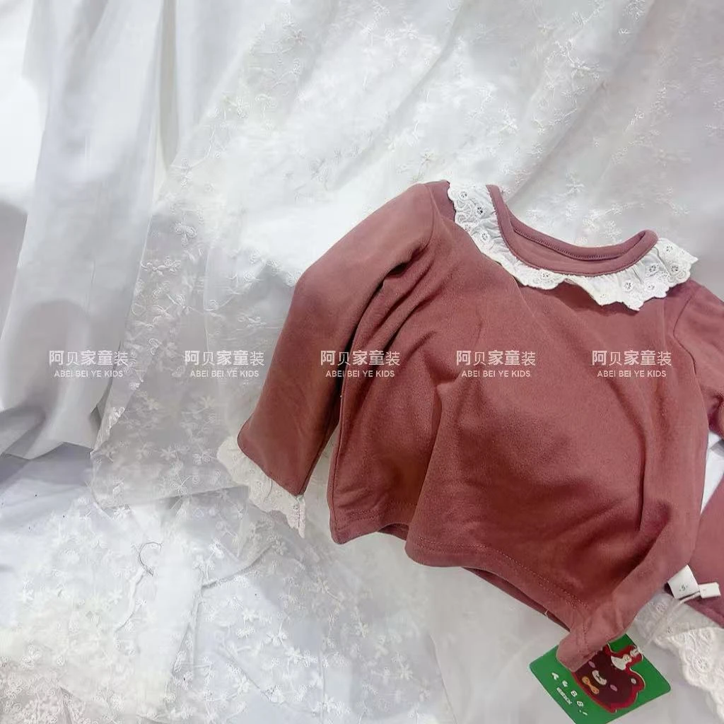 【C11】糖果爸爸梅子色花边领子上衣加厚 童装
