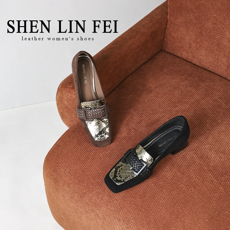 圣琳妃/羊皮/3CM/方头编织平底春季粗跟乐福鞋金属装饰D20494