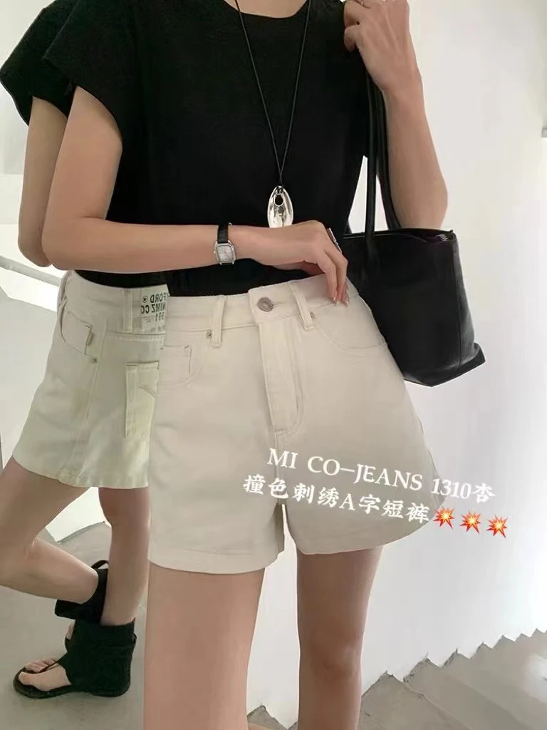 1310韩版夏季宽松型高腰透气中等短裤女装白色休闲休闲风