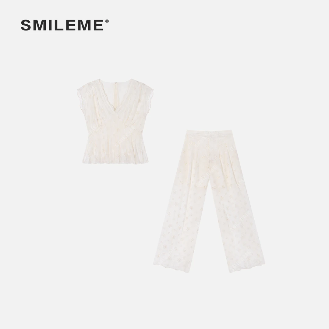 2-SMILEME【花瓣叠影】夏季款天丝混纺花瓣刺绣无袖上衣裤子套装