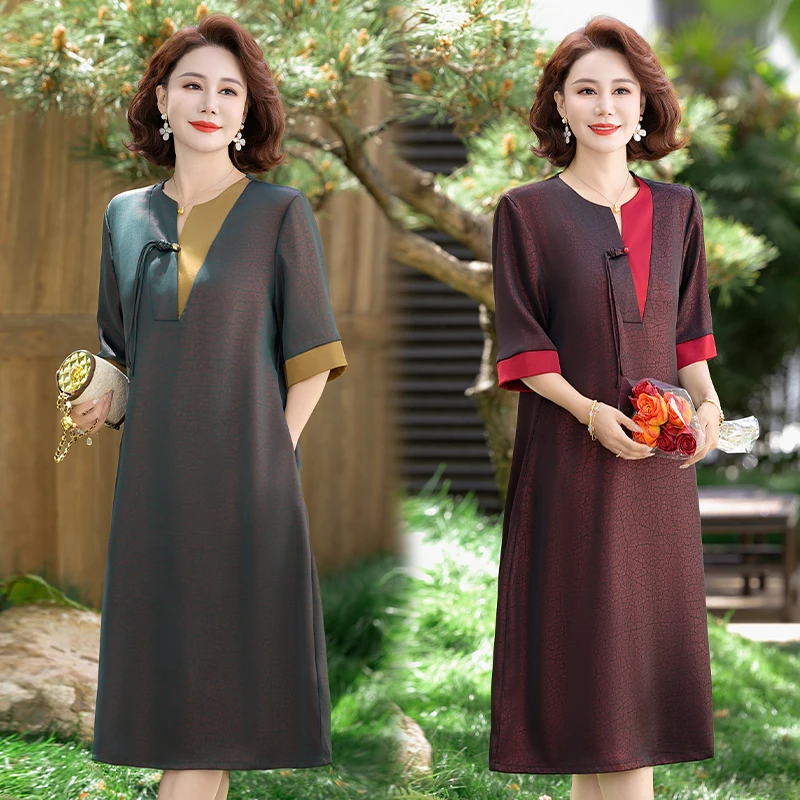 161时尚撞色花式V领暗纹连衣裙