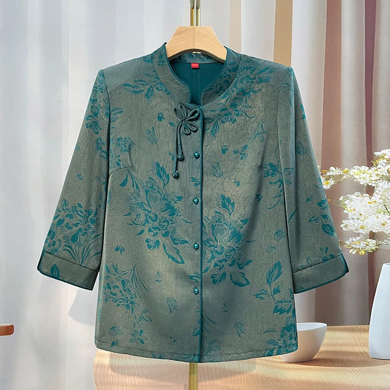 中老年女装60岁时尚妈妈款衬衫夏季新中式七分袖衬衣奶奶提花上衣