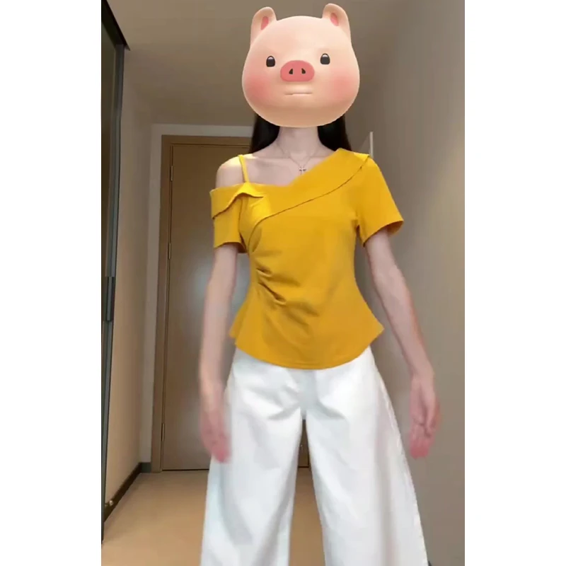 大码露肩短袖T恤女夏季胖mm显瘦不规则纯欲风露肩设计感小众上衣