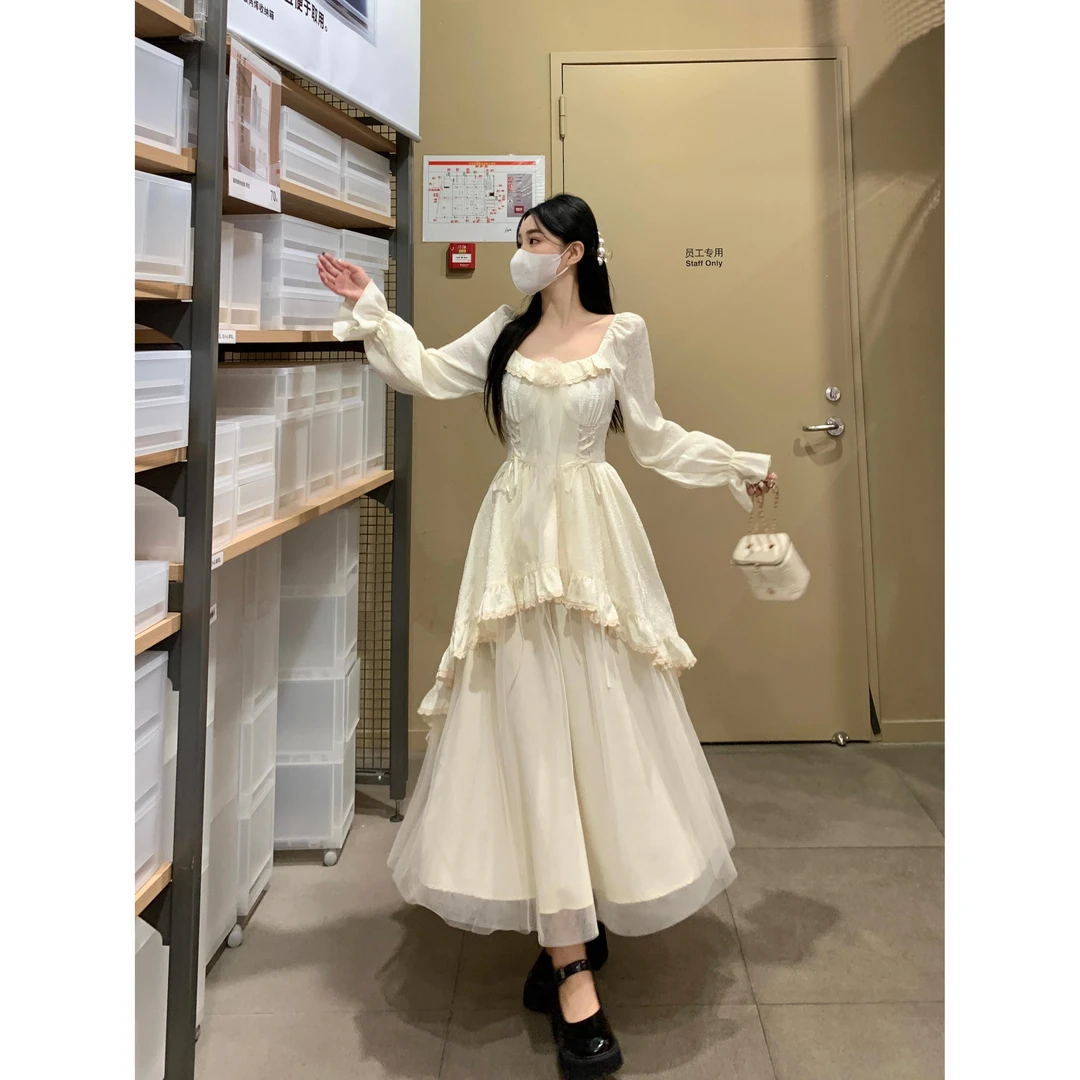大码杏色气质温婉仙女风系带提花网纱拼接不规则大摆2025年春季梭