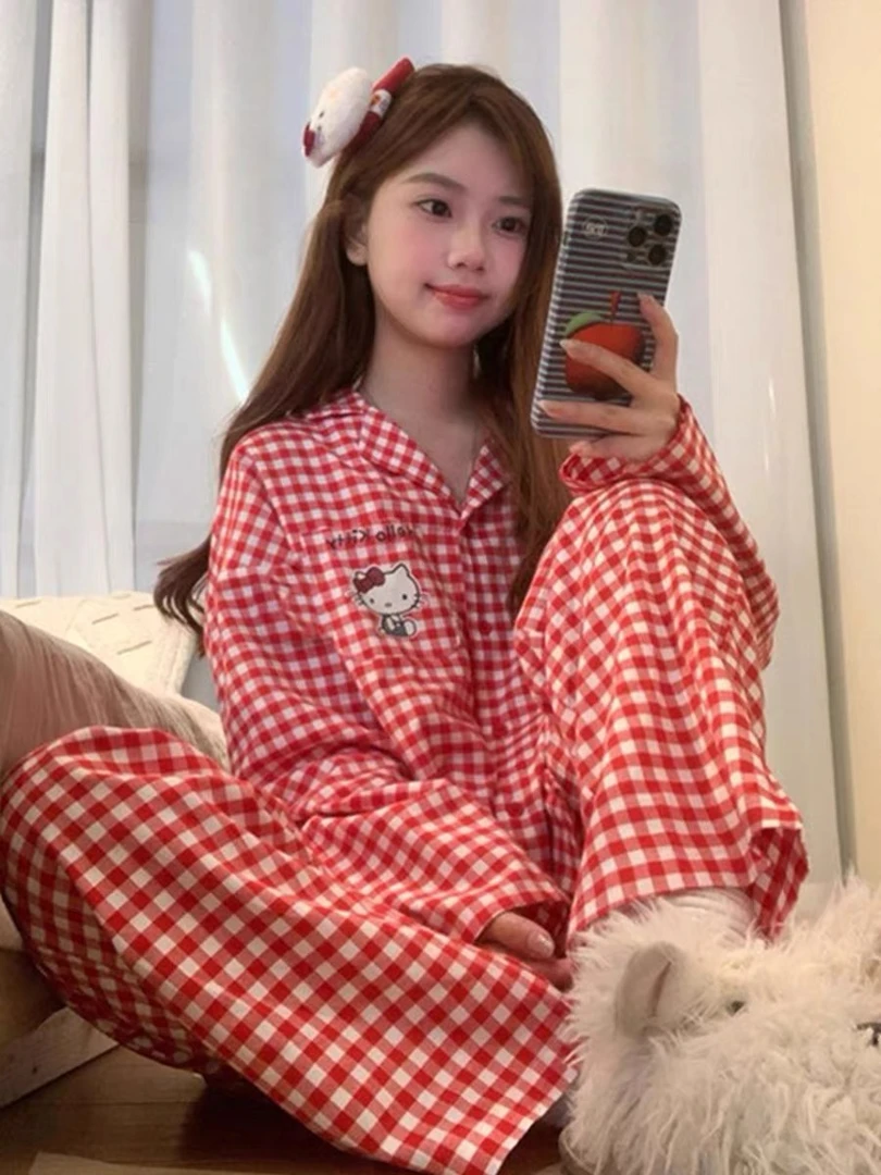 可爱HelloKitty睡衣女春秋款长袖长裤红色格子云朵棉家居服套装