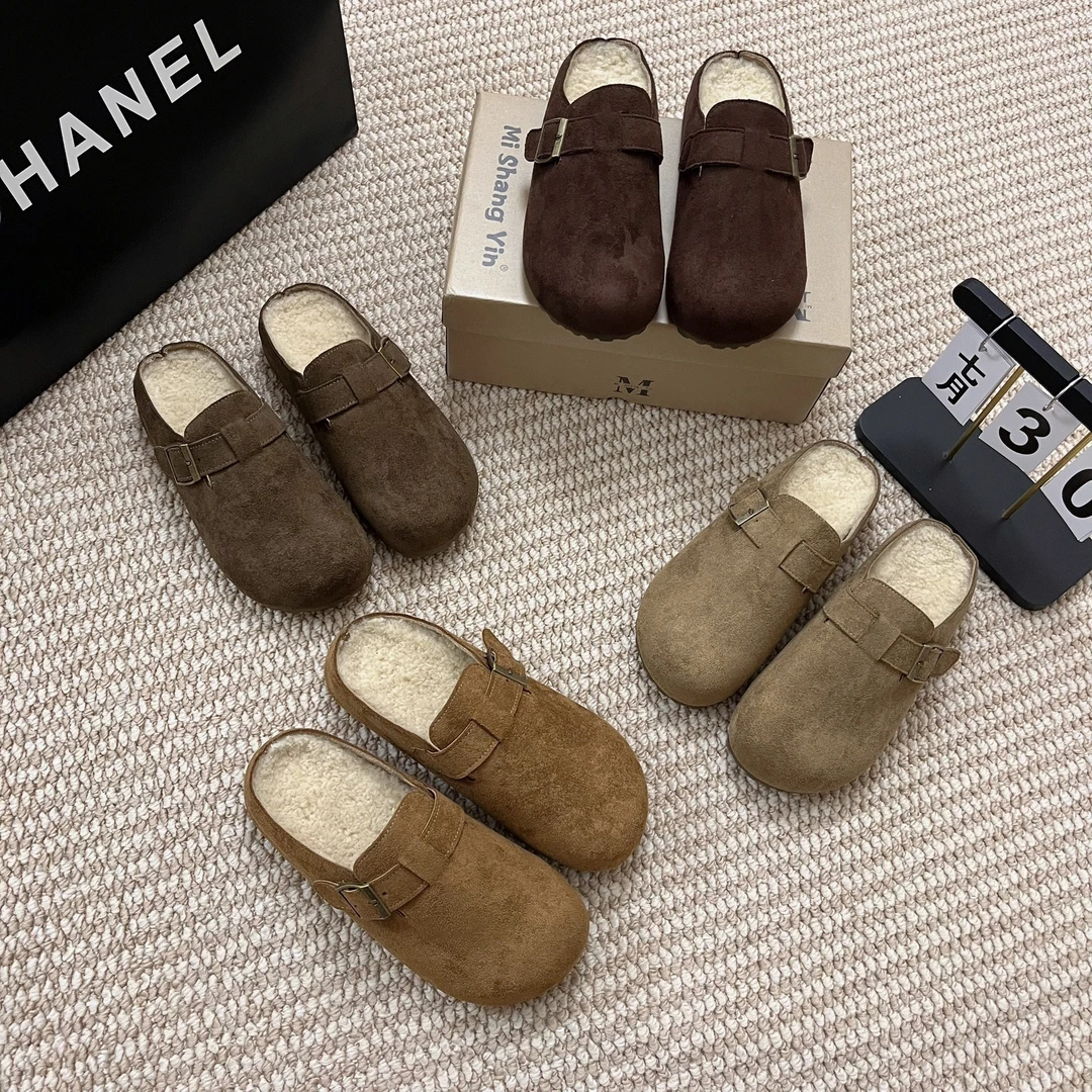 【半包勃肯】懒人一脚蹬百搭软底勃肯鞋跟高3.5cm秋冬加绒保暖棉拖