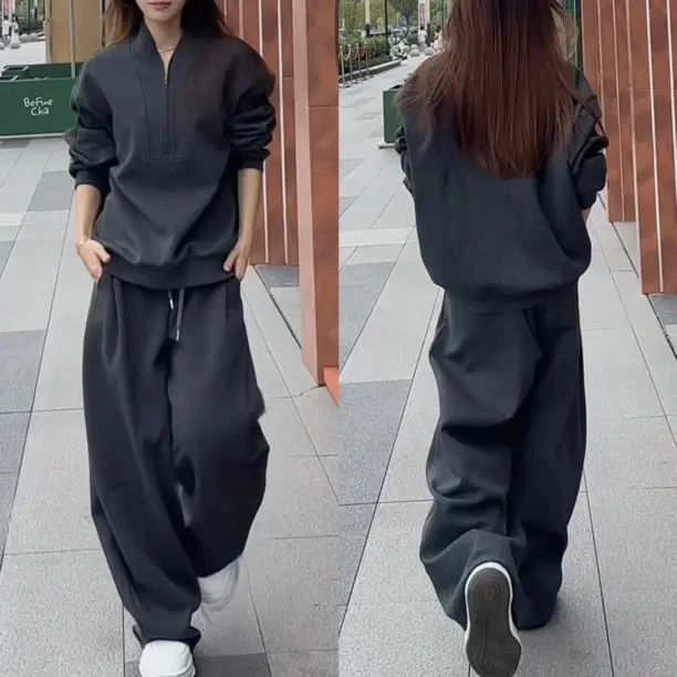秋季新款慵懒风休闲套装男士高级感拉链V领上衣宽松休闲裤两件套