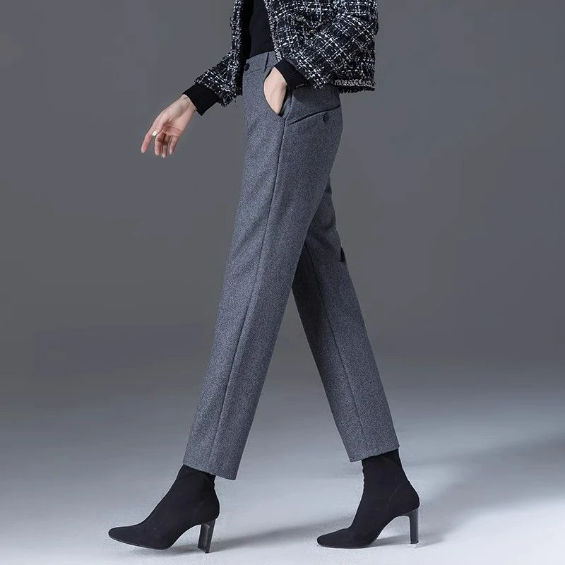 加厚毛呢裤子女2025秋冬萝卜裤灰色女裤西裤新款高腰休闲裤哈伦裤