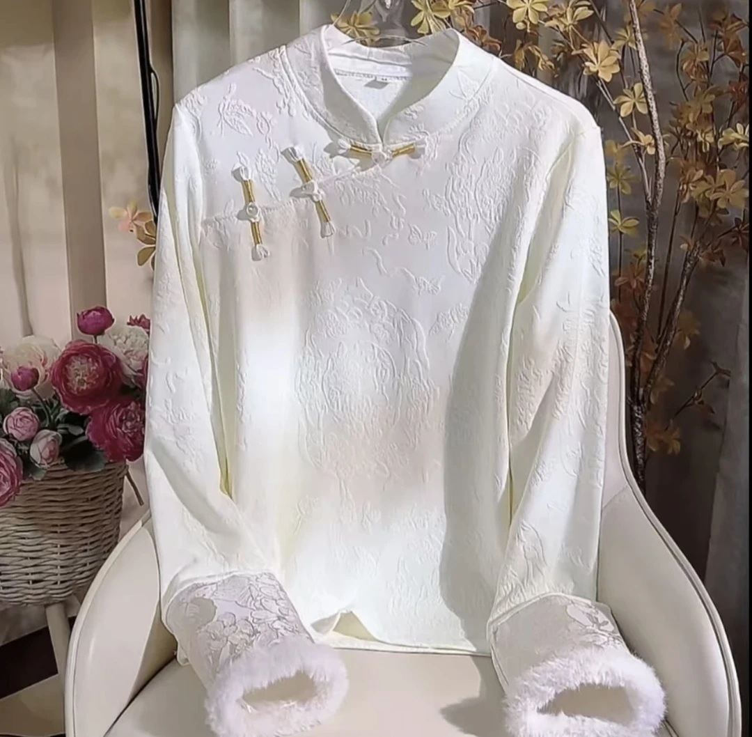 【粉黛】国风冬季加绒衬衫百搭打底衫2024D0933-伊伊