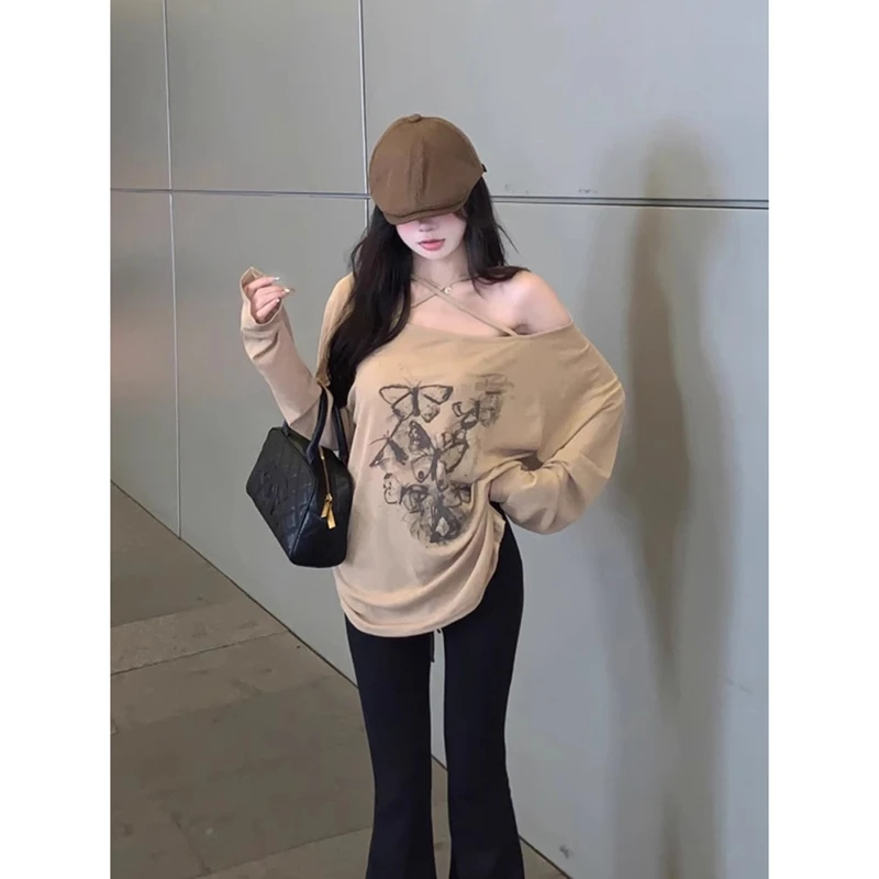 薄款设计感通勤慵懒辣妹打底长袖T恤女夏季印花显瘦开叉蝴蝶上衣