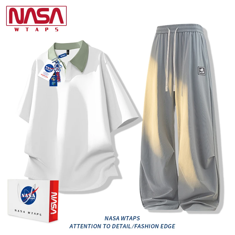 NASA WTAPS美式冰丝假两件POLO衫短袖男款夏季新款休闲运动套装男