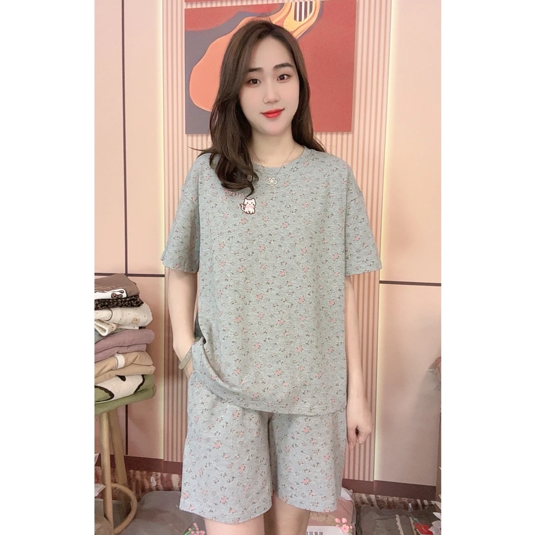 睡衣女夏季新款纯棉短袖短裤韩版时尚家居服套装（碎花猫咪）