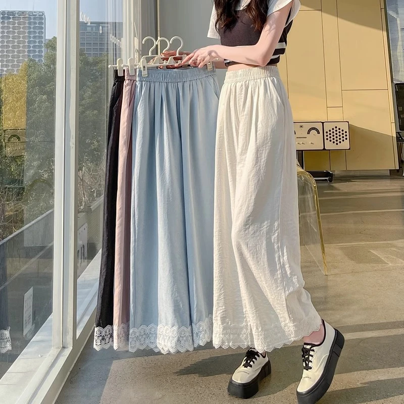 蕾丝边冰丝奶芙山本裤女夏季高腰拼接显瘦直筒裤小个子休闲阔腿裤