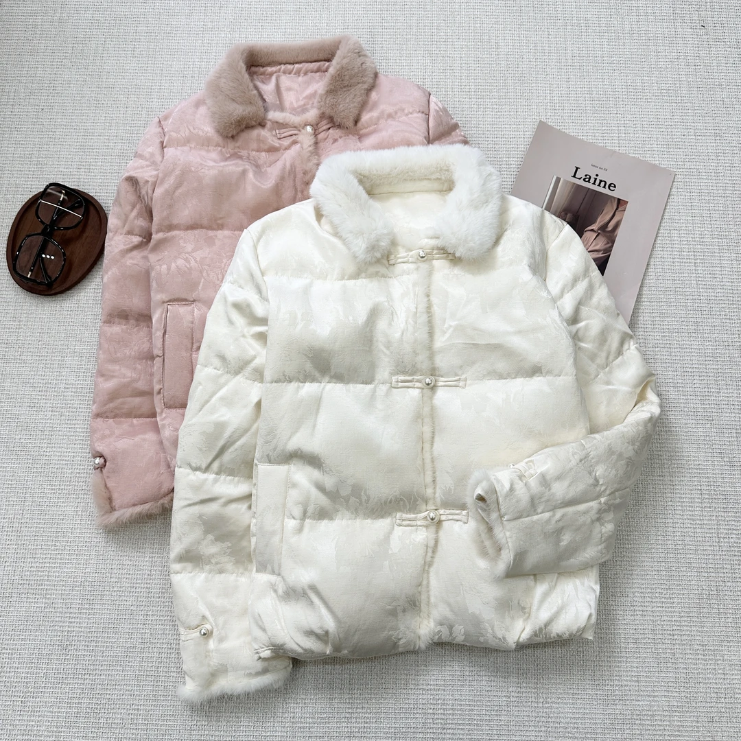 【叶子服饰】冬季新款国风提花工艺加绒狐狸毛时尚人丝羽绒服25817