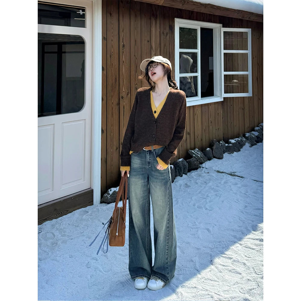 王家有鱼怀旧蓝阔腿牛仔裤女2025秋季新款休闲显瘦宽松垂感拖地裤