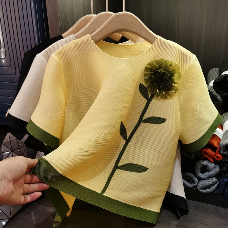 新款夏季纯色立体装饰圆领T恤时尚宽松大码显瘦短袖上衣女