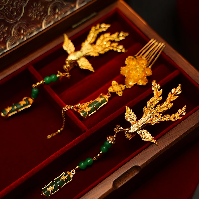 合金婚庆饰品 中式新娘秀禾服花朵龙凤褂金色凤凰流苏头饰MT0184