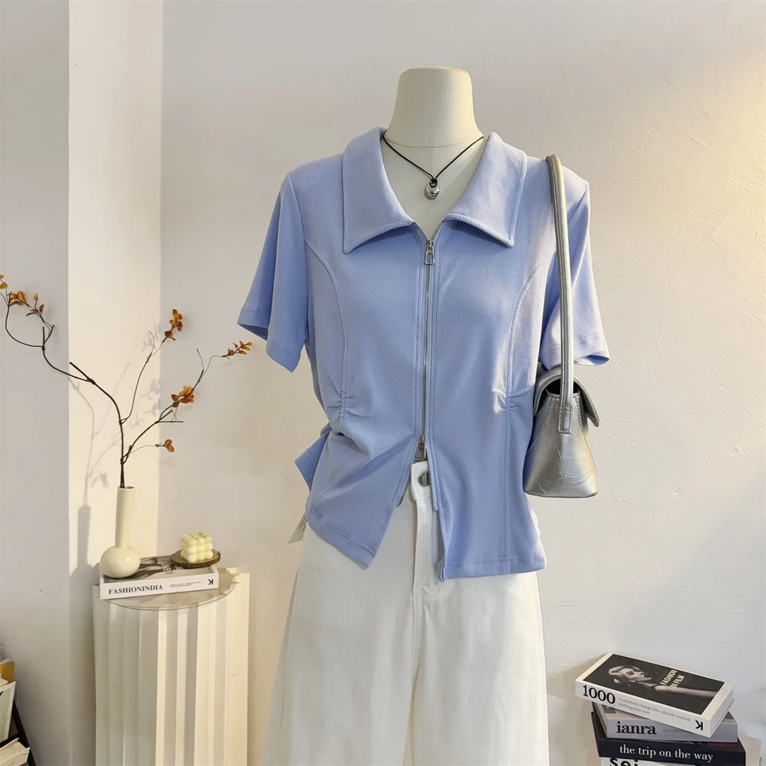 蓝色polo翻领拉链短袖T恤女2025夏季设计感开叉修身显瘦正肩上衣