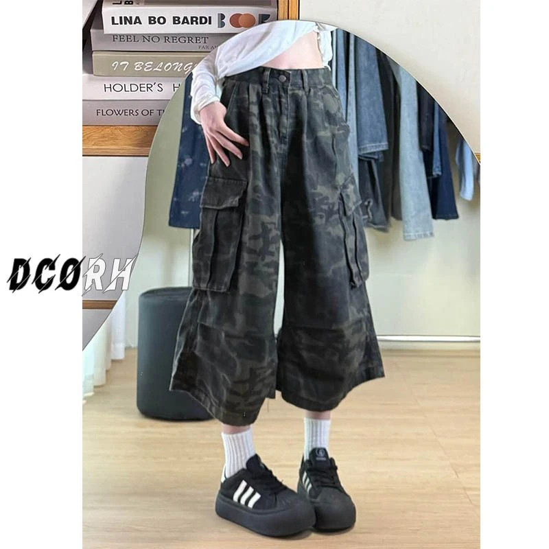 迷彩工装裤女美式复古做旧高腰宽松休闲运动风多口袋七分阔腿中裤