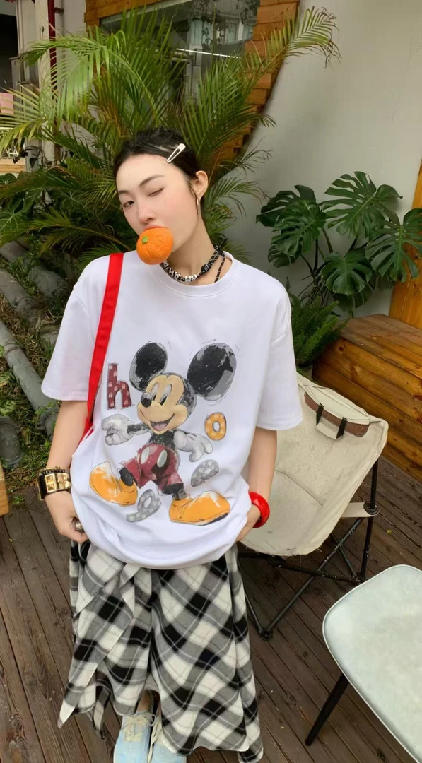 董小姐/77004美式复古短袖t恤女卡通米奇印花流行oversize宽松潮