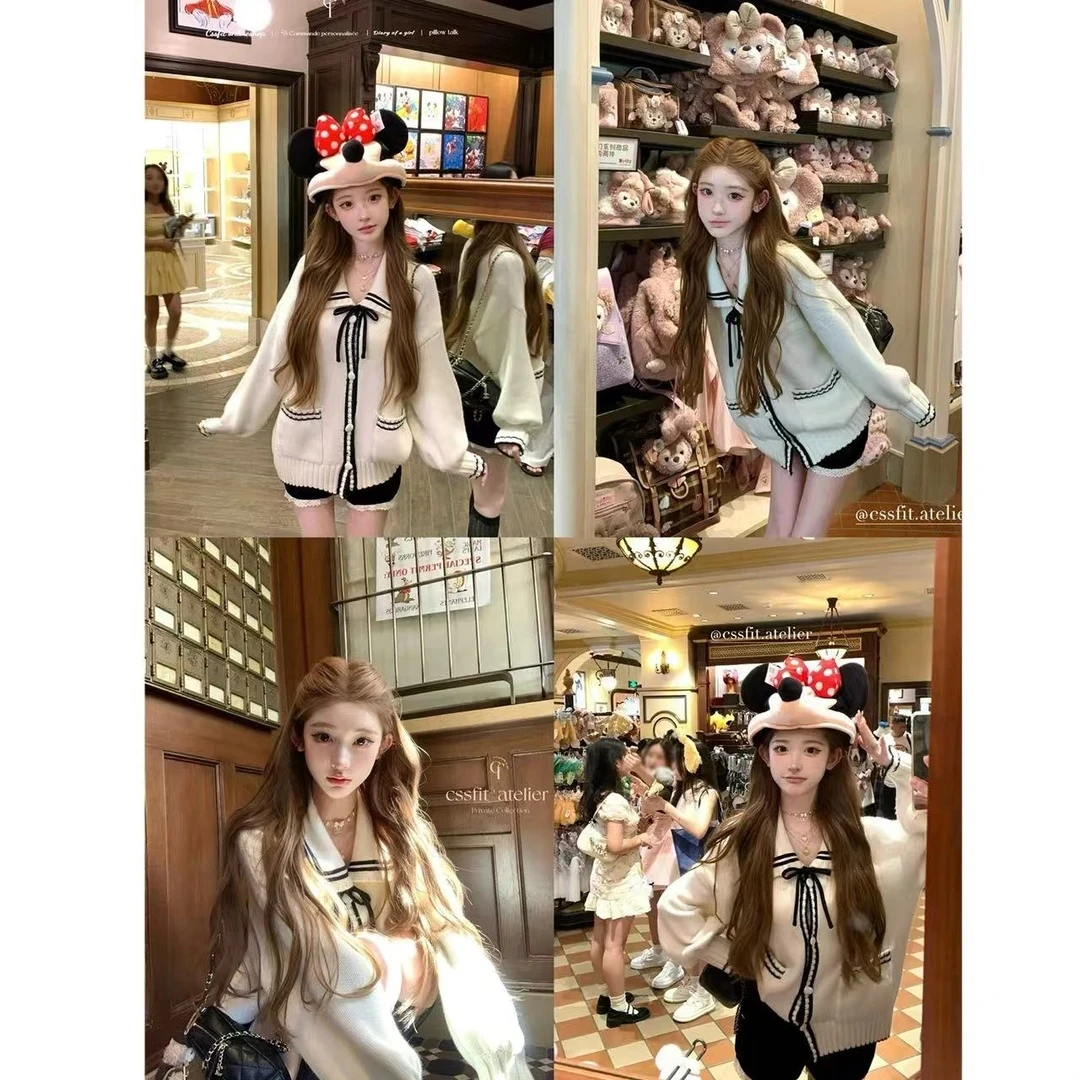 【XZ001】温柔风海军领针织开衫女时尚洋气慵懒风设计感上衣短裤