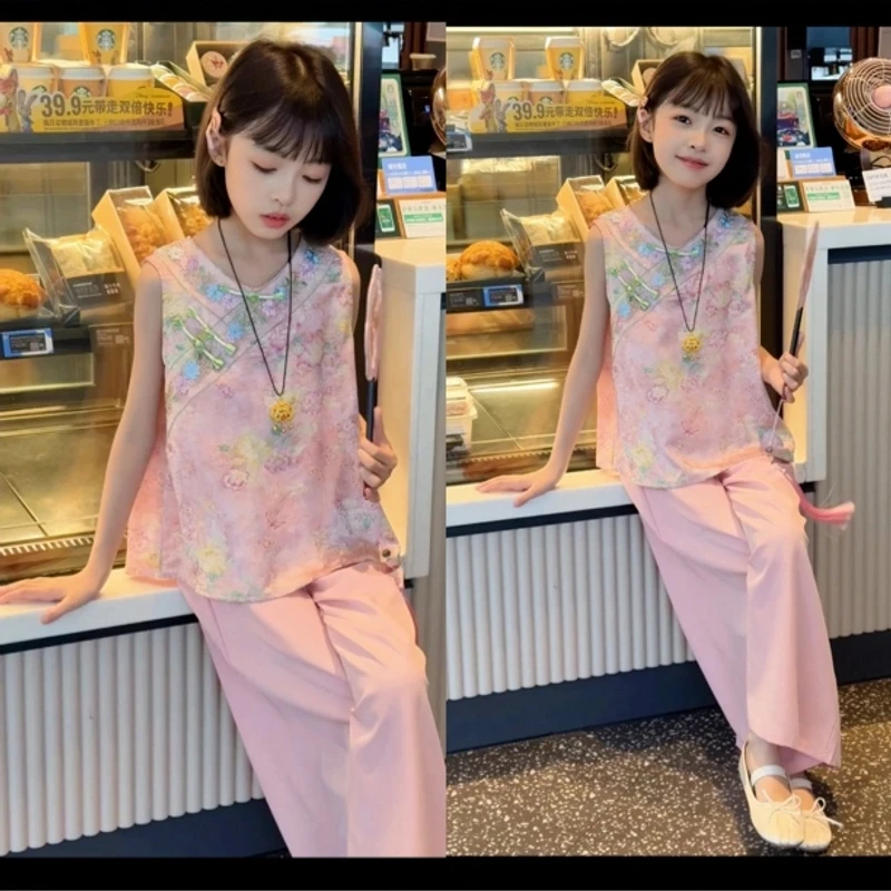 2025新款新中式唐装舒适休闲薄款夏季洋气复古海棠花刺绣套装女童