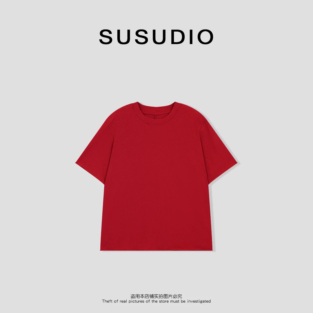 SUSUDIO 100棉夏日休闲慵懒圆领卷边透气舒适短袖T恤10218