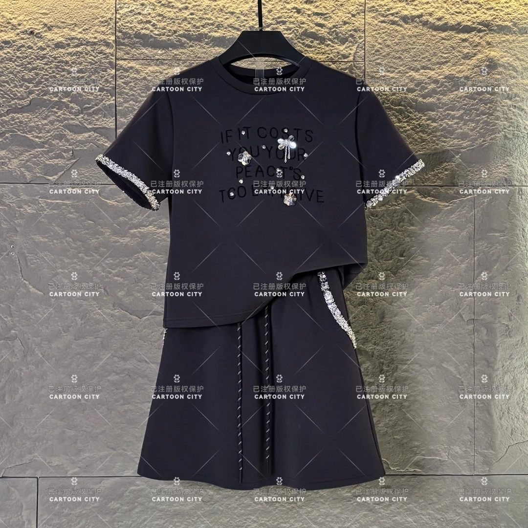 WMA-A289丨<水钻珠花>宽松版夏季T恤短裙休闲套装