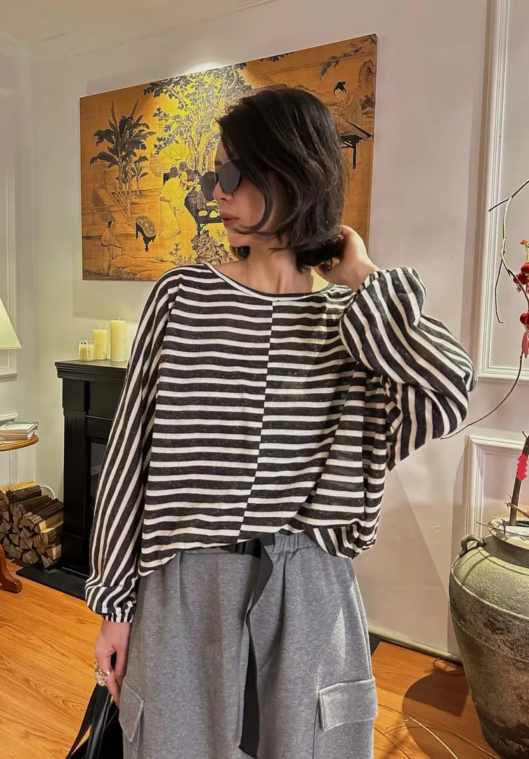 GU JIFEN｜复古条纹宽松圆领长袖T恤女 1053