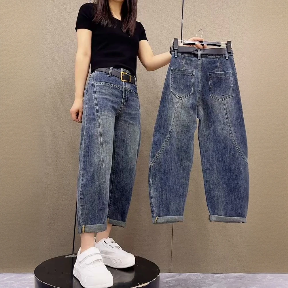 大码梨形身材显瘦弯刀牛仔裤女春季新款胖妹妹宽松遮胯老爹哈伦裤
