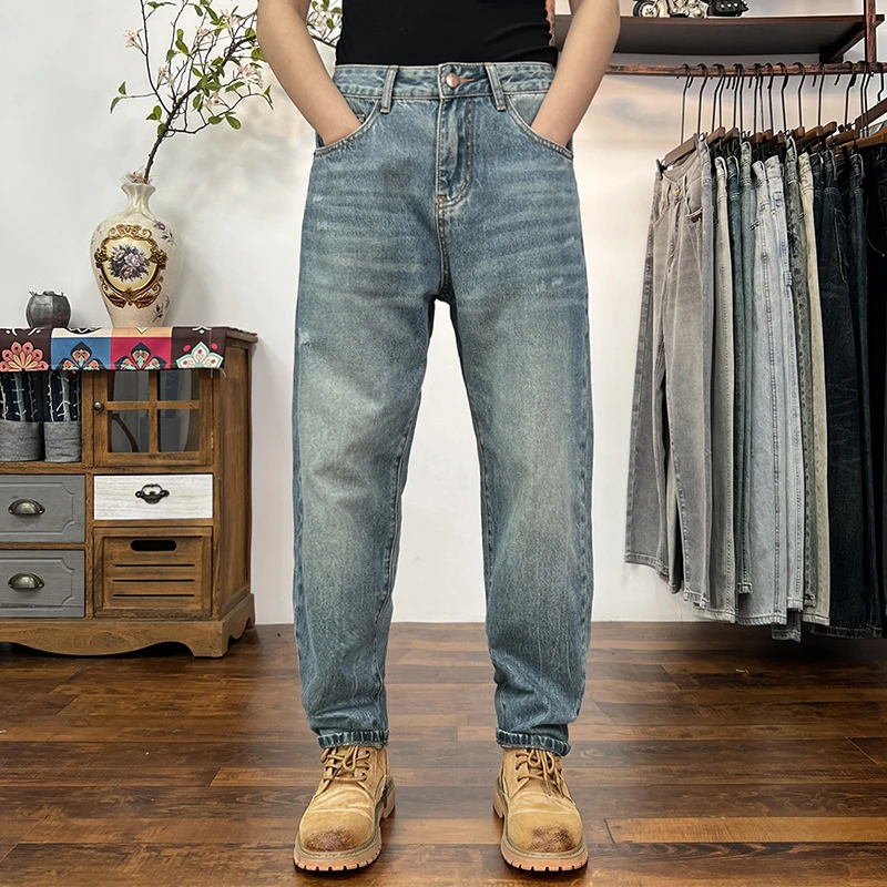 高端宽松锥形牛仔裤男夏季薄款男士百搭怀旧蓝色直筒时尚休闲裤子