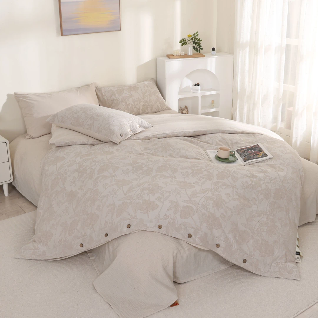 【四件套-荷荷美美】单人双人国风被罩轻奢被套椰壳扣枕套床单