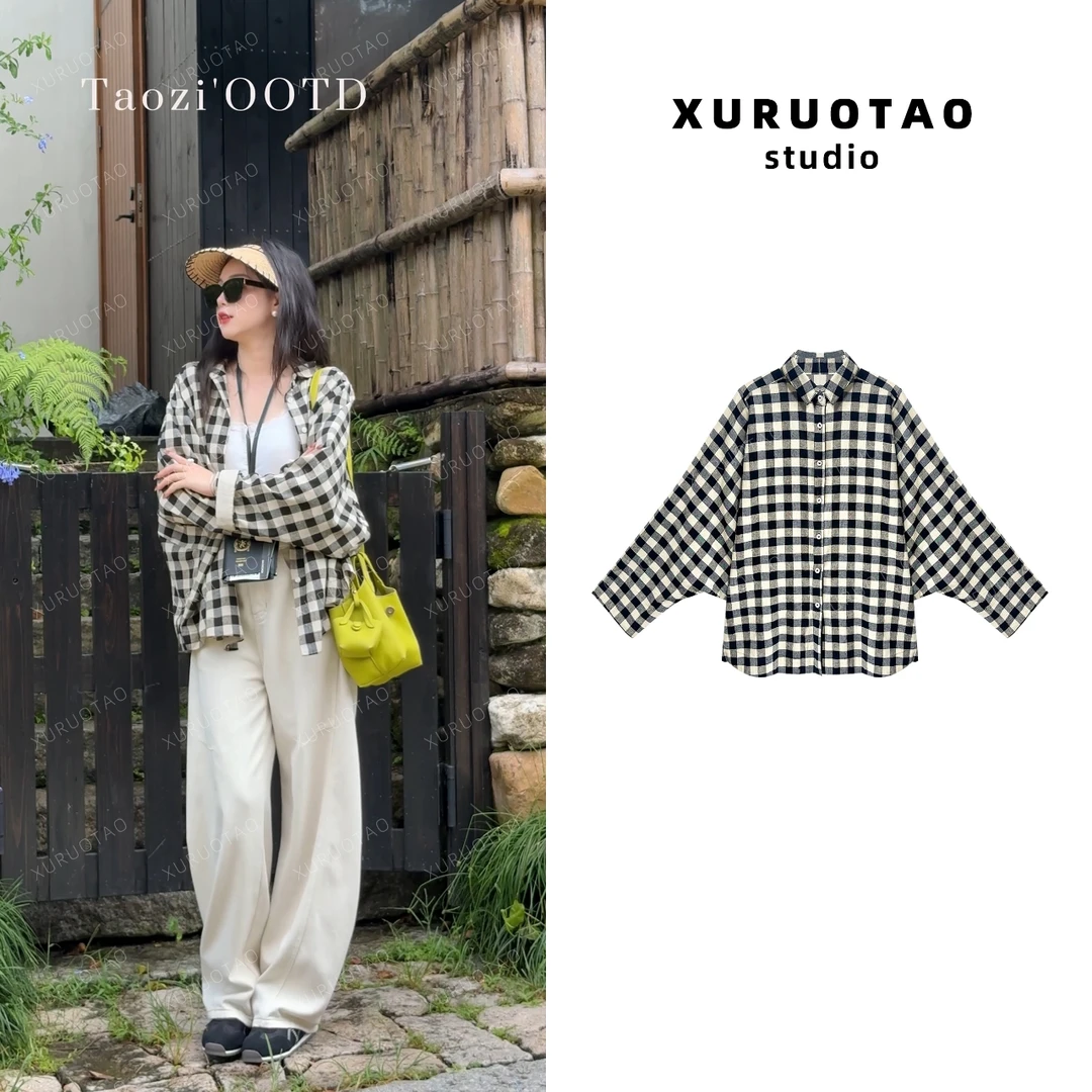 XURUOTAO 【格鲁纳】亚麻棉感格子蝙蝠袖设计感黑米格衬衫 T5468