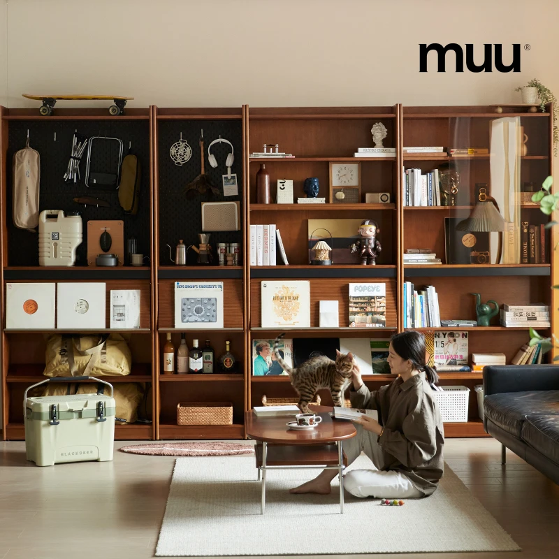 MUU实木书柜整墙置物架玻璃门组合柜收纳展示柜北欧复古落地书架
