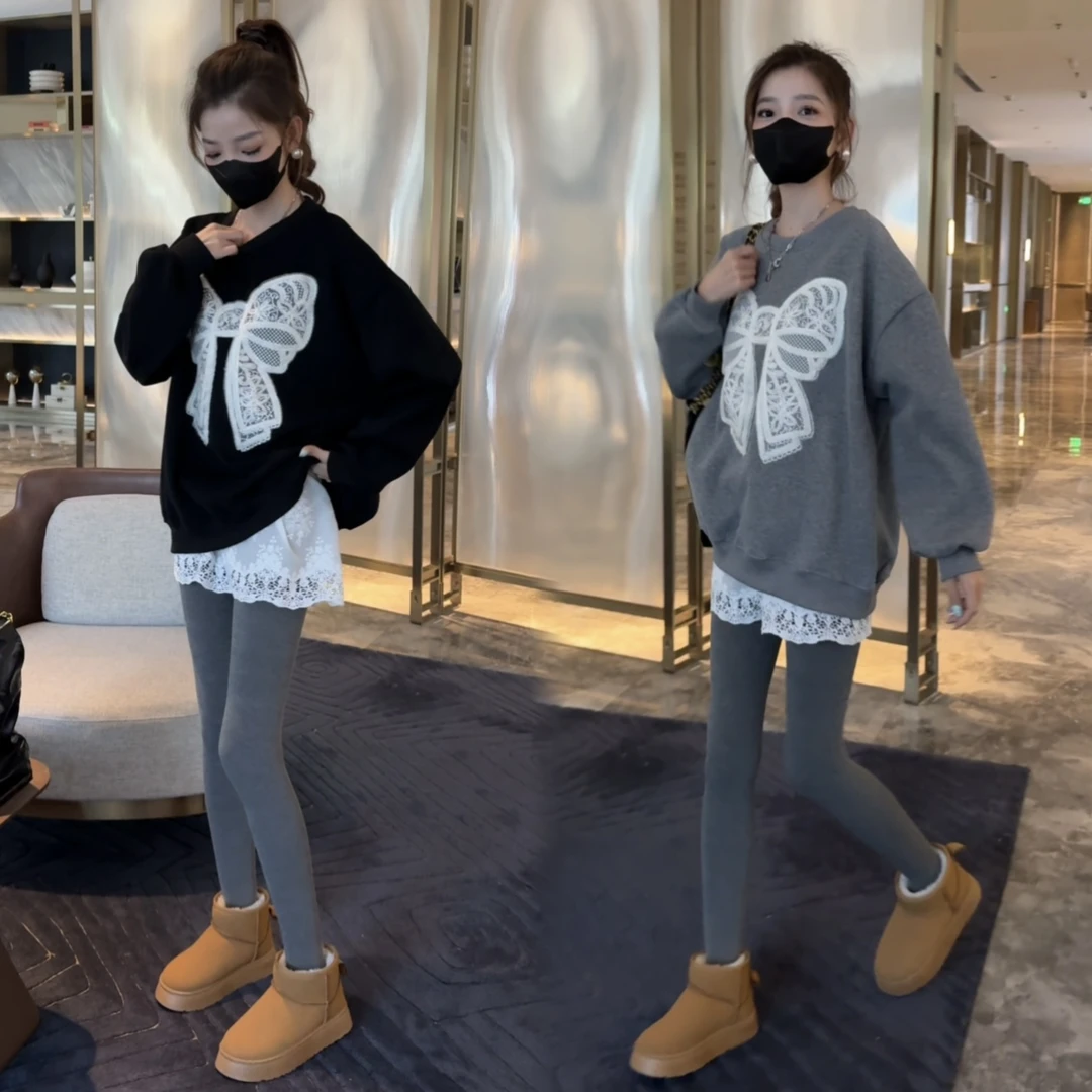 2025时尚钩花蝴蝶结套头卫衣长袖上衣蕾丝打底裙打底裤两件套