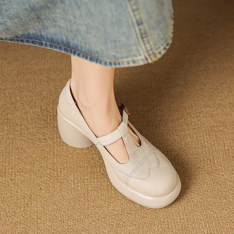 2025百搭6.5CM时尚圆头厚底增高浅口单鞋女百搭纯色丁字带高跟鞋